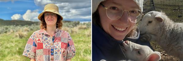 Side by side images of Michelle in a field and with baby goats